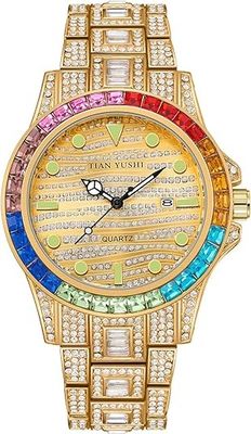 PINTIME Mens Diamond Watch Stainless Steel Full Baguette Blinged-Out Bust Down Iced Jewelry Hip Hop Fashion Business Wat