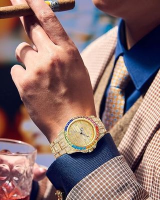 PINTIME Mens Diamond Watch Stainless Steel Full Baguette Blinged-Out Bust Down Iced Jewelry Hip Hop Fashion Business Wat