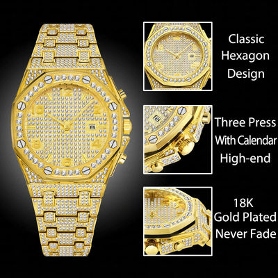 Hip Hop Luxury Fully Ice Out Men's Watch Iced Cz VVS Custom Bling Gold Diamond