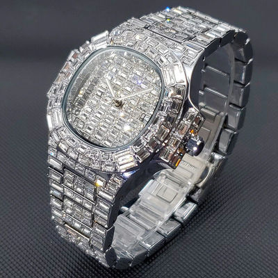 Luxury Hip Hop Fully Ice Out Custom Bling Men's Watch Iced Round Silver Diamond