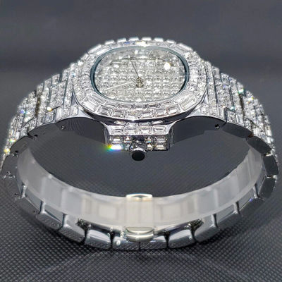 Luxury Hip Hop Fully Ice Out Custom Bling Men's Watch Iced Round Silver Diamond