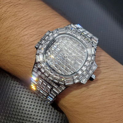 Luxury Hip Hop Fully Ice Out Custom Bling Men's Watch Iced Round Silver Diamond